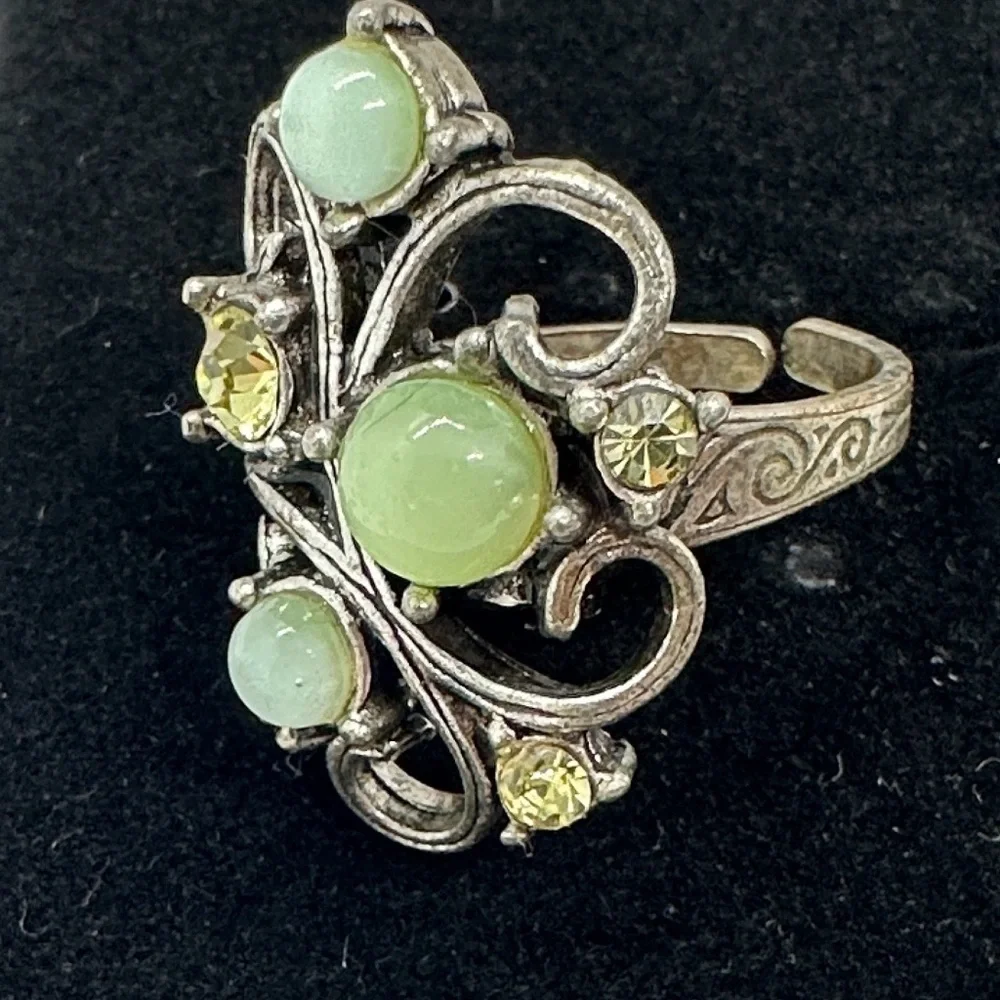 Silver Vintage Moonstone & Peridot Cocktail Cluster Ring Size 8 - Picture 5 of 5